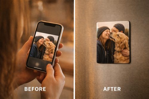 Before and after comparison of a photo on a phone screen and a physical magnet.