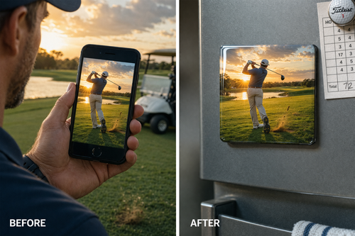 Before and after comparison of a golf photo on a phone screen and a magnetic frame.