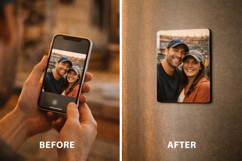Before and after comparison of a phone screen showing a couple and a physical magnet on a stainless steel surface