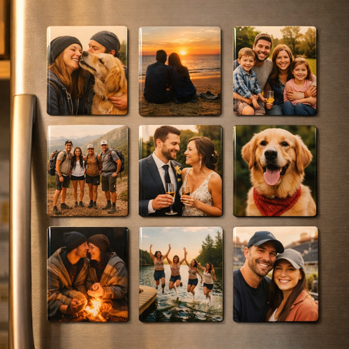 Collection of photo magnets on a refrigerator with various images including people, pets, and landscapes.